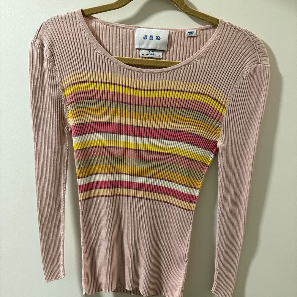 JED Ribbed Pink Knit Sweater with Stripes, 100% Silk